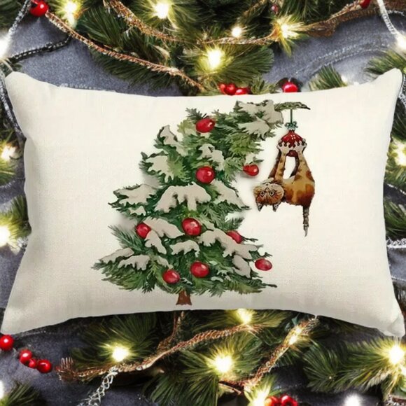 Christmas Pillow Cover Holiday Accent Tree Cat Decor Decorative Case Decoration - Picture 5 of 5
